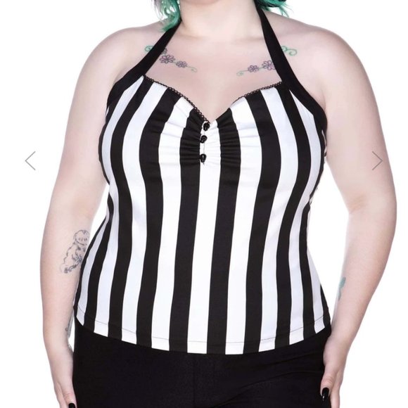 Killstar Tops - Killstar Little Deetz Black & White Striped Goth Halter Top XL NWT